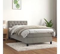 Lit à sommier tapissier avec matelas, gris clair, 80 x 200 cm, lit rembourré en velours, matelas à ressorts ensachés, surmatelas et surmatelas, tête de lit réglable, cadre de lit stable pour un
