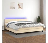 Lit à sommier tapissier de luxe, 200 x 200 cm, crème, housse en tissu, avec éclairage LED, matelas et surmatelas, tête de lit réglable en hauteur, pour un sommeil réparateur, ensemble de meubles de