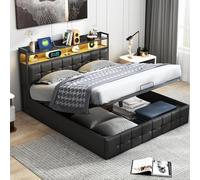 Lit à sommier tapissier Lit rembourré 140 x 190 cm, lit de rangement hydraulique avec fond à lattes de rangement, lit de rangement, lits fonctionnels, cuir noir, lit souple, sans matelas (PU noir, 140