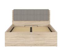 Lit adule 140x200 avec tête de lit capitonnée beige,sommier et rangement, coloris chêne Sonoma - Longueur 204,5 x Profondeur 149 x Hauteur 95/40,5 cm
