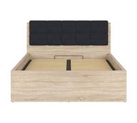 Lit adule 140x200 avec tête de lit capitonnée noir,sommier et rangement, coloris chêne Sonoma - Longueur 204,5 x Profondeur 149 x Hauteur 95/40,5 cm