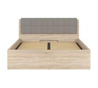 Lit adule 160x200 avec tête de lit capitonnée beige,sommier et rangement, coloris chêne Sonoma - Longueur 204,5 x Profondeur 169 x Hauteur 95/40,5 cm