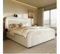 Lit Adulte 140x200 cm avec 4 tiroirs et charge USB Type C, lit coffre avec tête de lit réglable hauteur, en feuille Sherpa, blanc