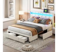 LIT Adulte 140x200cm avec 4 tiroirs, Lit Capitonné avec 2 Stations de Recharge USB, Lit Rembourré, tète de lit Losange de éclairée LED réglable, LIt double avec Sommier à Lattes, Lin(Beige-a, 140x200)