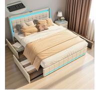 Lit Adulte 160x200 avec LED et USB, Lit Rembourré avec 4 Tiroirs, Lit Queen avec Sommier à Lattes et Tête, Beige, Lin, sans Matelas
