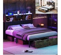 Lit adulte 160x200 cm avec LED et 2 tiroirs, Lit coffre avec USB et Type C, Lit double 160x200 avec sommier en Métal, PU Noir