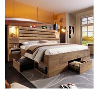 Lit adulte 160x200 cm LED avec 3 tiroirs, USB/Type-C, 2 tables de chevet, sans matelas, bois chêne