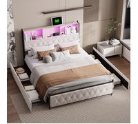 Lit adulte 180x200 cm - TANANT - Lit double - LED intégrée - Tête de lit avec tiroirs - Velours beige