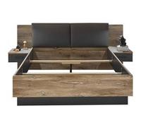 Lit adulte + 2 tables de chevet coloris Chene fonce, Graphite - Longueur 250 x Hauteur 100 x Profondeur 210 cm -PEGANE- Bois G
