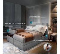 Lit adulte ADÈLE - ensemble matelas+sommier relaxation électrique - 160x200 cm - velours gris clair