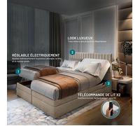 Lit adulte ADÈLE - ensemble matelas+sommier relaxation électrique - 200x200 cm - velours beige