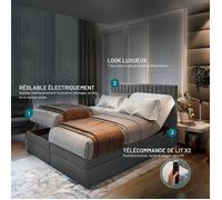 Lit adulte ADÈLE - ensemble matelas+sommier relaxation électrique - 200x200 cm - velours gris foncé