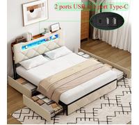 Lit adulte/ado 140x200, avec LED et USB, 4 Tiroirs, Tête de lit rembourrée avec rangement, Lit double avec sommier, Velours beige