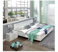 Lit adulte avec 2 chevets coloris blanc, rechampis verre blanc + chrome - Dim: 160 x 200 cm