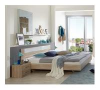 Lit adulte avec 2 chevets imitation chêne, rechampis verre blanc + chrome - Dim: 180 x 200 cm