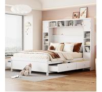 Lit adulte avec rangement 140x200 cm, équipé de 4 tiroirs et d'un grand placard, en bois massif - Blanc..