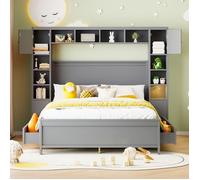 Lit adulte avec rangement 140x200 cm, équipé de 4 tiroirs et d'un grand placard, en bois massif - Gris.