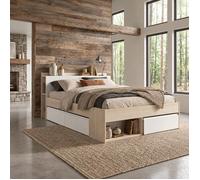 Lit adulte COMBO 140x190/200 cm - Décor chêne et blanc - Tête de lit et tiroirs de rangement inclus - PARISOT