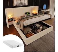Lit Adulte de Rangement 160×200cm - Lit Complet - DINKALEN - Lampe de Lecture, USB - Sommier et Matelas Inclus - Velours Côtelé Beig