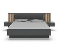 Lit adulte double 180 x 200 + 2 chevets coloris graphite, lamelles imitation chêne Artisan - Longueur 301 x Hauteur 104 x Profondeur 210 cm