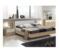 Lit adulte double + 2 chevets coloris imitation chêne poutre-blanc - Longueur 189 x Profondeur 210 x Hauteur 80 cm