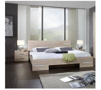 Lit adulte double + chevets coloris imitation chêne-chrome brillant - Longueur 189 x Profondeur 210 x Hauteur 81 cm