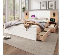 Lit adulte en bois 160×200cm - OKWISH - Lit double avec 2 tiroirs, lampe de lecture, USB, 2 chevets et sommier - Naturel+blanc