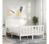 Lit Adulte en Bois Massif, Cadre de Lit avec Tête de Lit, sans Matelas, Design Moderne et Robust, Bed Frame 140x190 cm, pour Chambre à Coucher, Blanc, 145.5 x 195.5 x 100 cm