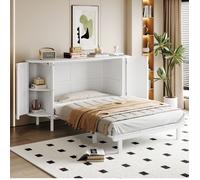 Lit adulte escamotable vertical 140x200 cm, avec sommier à lattes, portes rotin, blanc