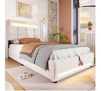 Lit adulte Lit coffre rembourré 90x200 cm télécommande APP bande lumineuse d'ambiance lit hydraulique avec prise USB lin beige