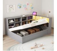 Lit adulte Lit coffret 90x200cm,avec prise, 4 rangements, LED contrôlable, sommier coffre à vérins, bois pin, gris