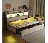 Lit adulte Lit enfant 90 x 200cm, multifonction avec bureau escamotable, rangements et tiroirs, métal & bois, blanc