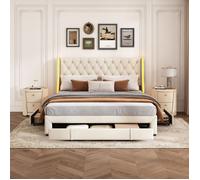 Lit adulte Lit Rembourré 2 Personnes 160x200 cm - 3 tiroirs - Sommier à Lattes - TêTe de Lit avec Boutons - Tissu en Velours -