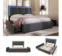 Lit adulte rembourr avec tiroirs et LED 160x200cm - MODERNLUXE - Gris - Sommier lattes