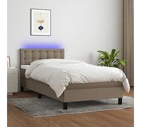 Lit Adulte vidaXL 80 x 200 cm, Taupe, Tissu, Sommier à Lattes avec Matelas et LED, Tête de Lit Rembourrée Réglable, Éclairage LED Coloré