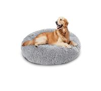 Lit apaisant en forme de beignet pour chien - Lit rond en peluche - Anti-anxiété - Coussin chaud en forme de donut avec base antidérapante lavable (90 x 90 x 20 cm, gris clair)