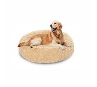 Lit apaisant en forme de beignet pour chien - Lit rond en peluche - Anti-anxiété - Coussin chaud en forme de donut avec base antidérapante lavable (130 x 130 x 20 cm, beige)