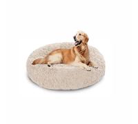 Lit apaisant en forme de beignet pour chien - Lit rond en peluche - Anti-anxiété - Coussin chaud en forme de donut avec base antidérapante lavable (60 x 60 x 20 cm, blanc cassé)