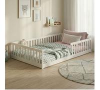 Lit au sol 120x200 cm - Lit Montessori en bois de pin - Lit enfant avec sommier et protection anti-chute - Blanc
