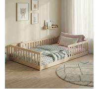 Lit au sol 140x200 cm - Lit Montessori en bois de pin - Lit enfant avec sommier et protection anti-chute - Bois naturel