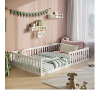 Lit au sol 140x200 cm - Lit Montessori en bois de pin - Lit enfant avec sommier et protection anti-chute - Blanc