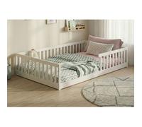 Lit au sol 140x200 cm - Lit Montessori en bois de pin - Lit enfant avec sommier et protection anti-chute - Blanc