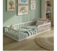 Lit au sol 90x200 cm - Lit Montessori en bois de pin - Lit enfant avec sommier et protection anti-chute - Blanc