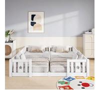 Lit au sol 90x200cm,Lit double enfant avec barrière de sécurité,Lit Montessori 2 places, Sommier à lattes inclus,Bois massif,Blanc