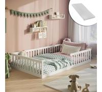 Lit au Sol avec barrière Anti-Chute - Taille 120 x 200 cm - Matelas et sommier à Lattes Inclus - Lit Montessori pour Enfant et Adolescent - Lit Simple en Bois certifié - Blanc