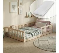 Lit au Sol avec barrière Anti-Chute - Taille 120 x 200 cm - Matelas et sommier à Lattes Inclus - Lit simple Montessori pour Enfant et Adolescent - En Bois certifié - Finition bois naturel