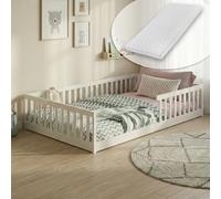 Lit au Sol avec barrière Anti-Chute - Taille 140 x 200 cm - Matelas et sommier à Lattes Inclus - Lit Simple Montessori pour Enfant et Adolescent - en Bois certifié - Blanc