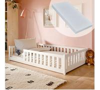 Lit au sol avec matelas et sommier 120x200 cm - Lit Montessori pour enfant - Lit simple en bois massif fille garçon - Blanc