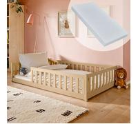 Lit au sol avec matelas et sommier 120x200 cm - Lit Montessori pour enfant - Lit simple en bois massif fille garçon - Bois Naturel