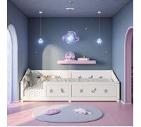 Lit au Sol Bébé Enfant 140x200cm - Format Maximal avec Barrière - Pin Massif Blanc Motifs Étoiles et Lune - Sécurité UE
